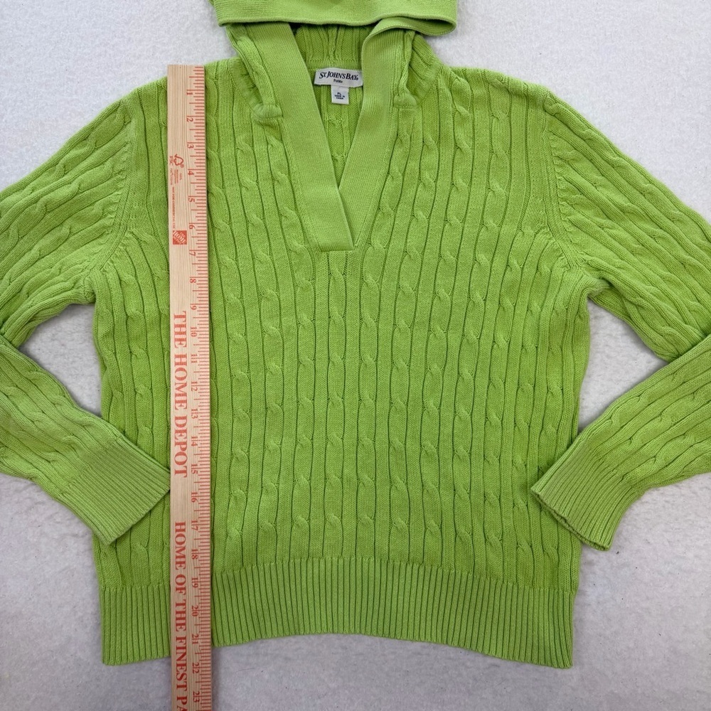 St. John's Bay Y2K Women's Green Cotton Cable-Knit V-Neck Hooded Sweater Size PL - Picture 5 of 6